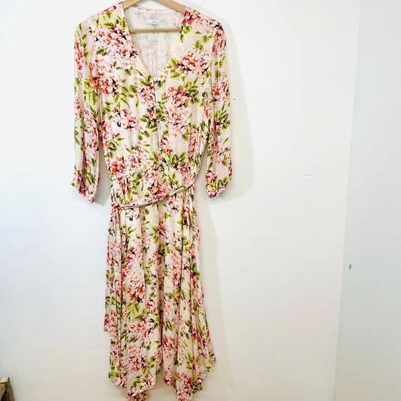 J Jill Midi Dress Small Pink Floral Cottage Core Flowy Boho‎ Coastal Peasant - Picture 1 of 15